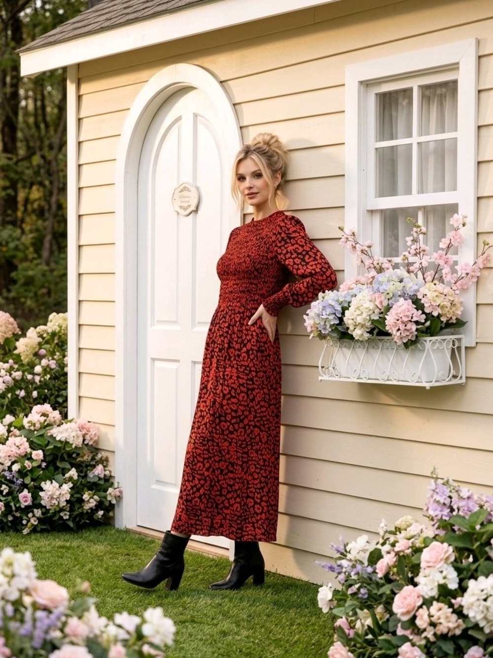 Queen B Red Floral Long-Sleeve Maxi Maturnity Dress